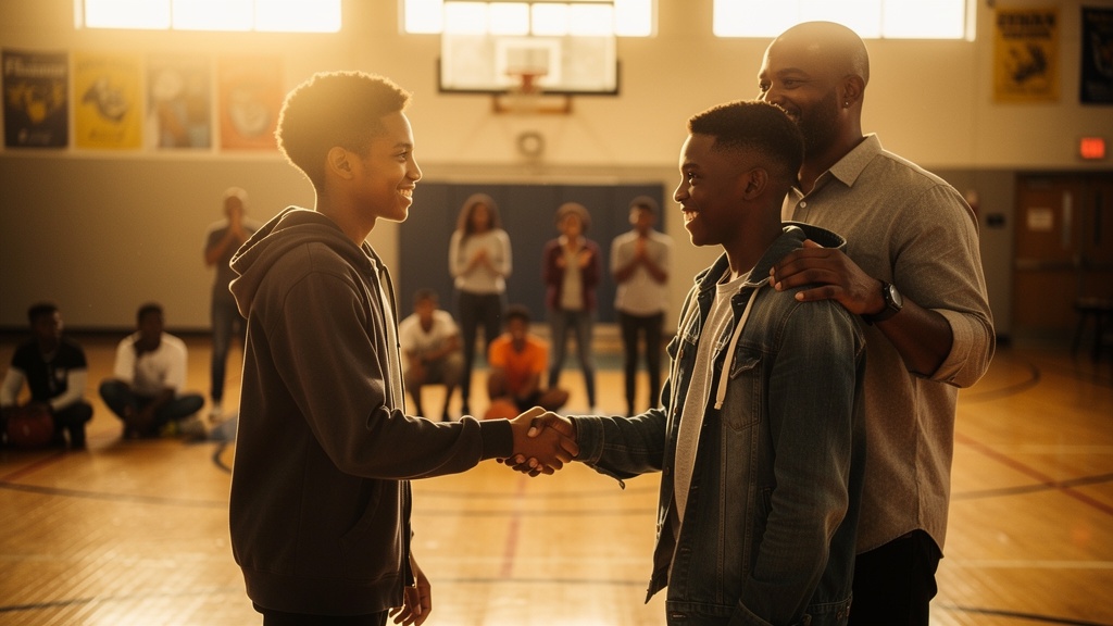 Two Black teens shaking hands after peer mediation with Black mentor looking on